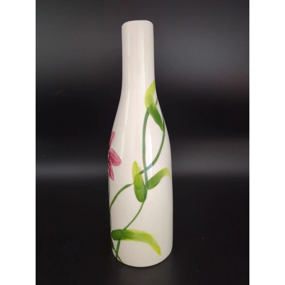 Hand Painted Porcelain Lilies Bottle Vase Handcrafted 7in Floral 1980s USA